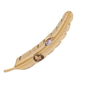 Gold-Tone Feather Brooch with Gem Accents – Elegant 3-Inch Pin for Scarves, Bags